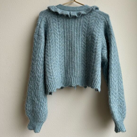 Zara Alpaca Blend Blue Ruffle Button Front Knit Puff Sleeve Sweater Size Small - Picture 6 of 9